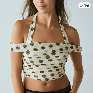 AFRM White and Green Polka Dot Crop Top
